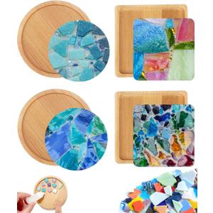 4 Sets DIY Mosaic Kits for Adults with Wooden Coasters, Mixed Color Glass Mosaic Tiles Craft Kits for Adults Women, Complete Mosaic Coaster Making Kit for Home Decor Gifts (4, Crystal Sand)