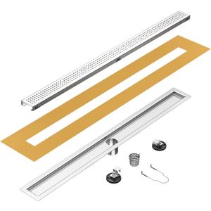 36 inch Linear Shower Drain with Square Hole Pattern Grate Cover, Brushed 304 Stainless Steel Bonding Flange Linear Drain, Low Profile Linear Shower Drain with Hair Strainer