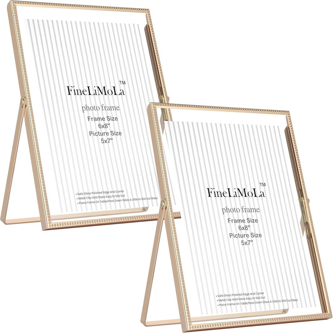 Gold 6x8'' Floating Photo Frame 2 Pack, Beaded Metal Frame Fits 3.5x5'', 4x6'' & 5x7'' Pictures, Adjustable Tabletop & Shelf Display, Elegant Wedding Gift for Home Decor