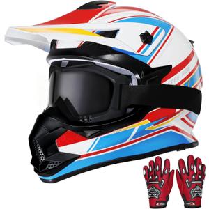 Kids Dirt Bike Helmets Youth Motorcycle Helmet, Kids Motorcycle Full Face Helmet for Off-Road, ATV, UTV, Street Riding with Goggles Gloves, DOT Approved (Large, BLUE)