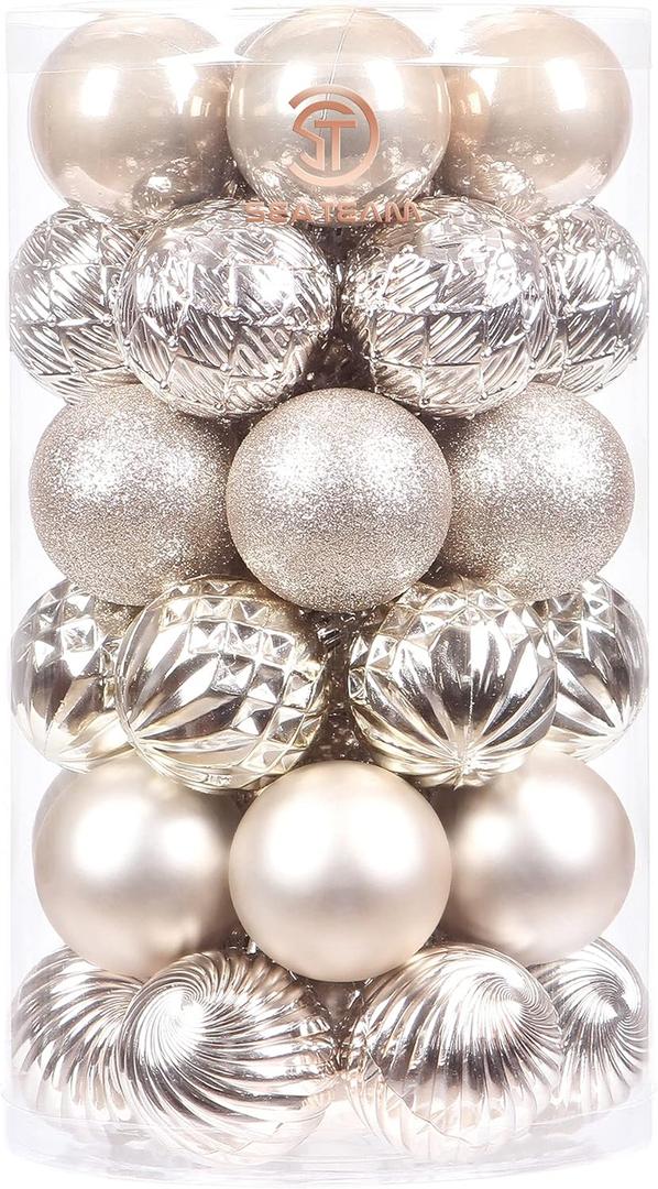 Sea Team 41Pcs Christmas Baubles Set Shatterproof Plastic Christmas Baubles with Strings Hanging Decorations for Christmas Tree Party Wedding Medium (Champagne, 60mm) (2.36" Medium (41-Pack))