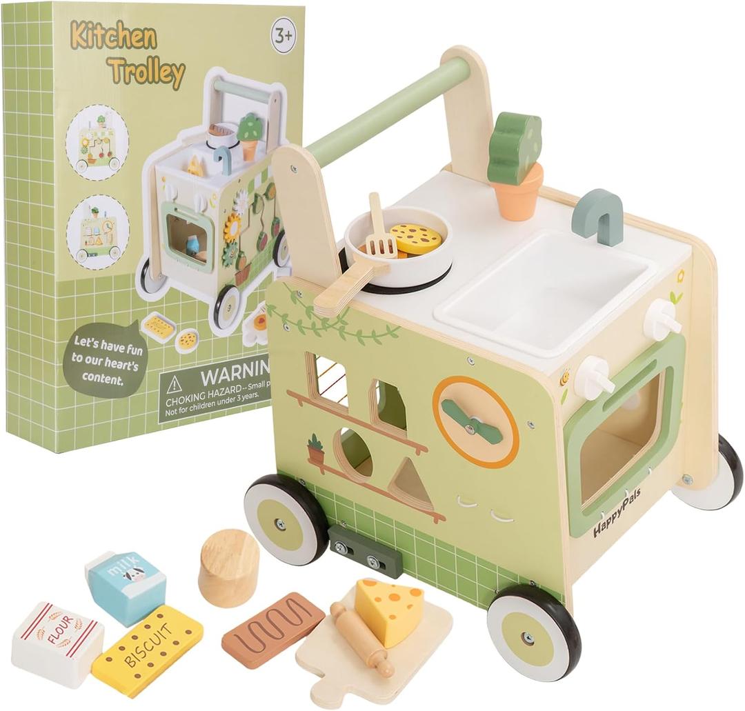 7-in-1 Wooden Baby Push Walker, Montessori Activity Center for Toddlers 1-3, Set 01