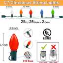 Couah C7 Christmas Lights, 25Ft Ceramic Vintage Christmas Lights with 25 Multicolor C7 Bulbs, Hanging for Xmas Tree Party Backyard Wedding Party Decor- Green Wire