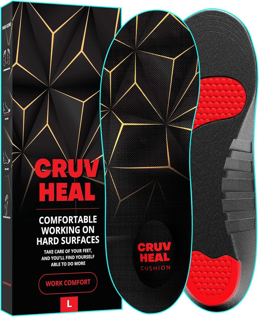 CRUVHEAL Work Pro Comfort Insoles - Shock Absorption - Low Arch - Cushioning Anti Fatigue Shoe Insert Men Women - Non-Slip - Soft Comfortable Work Boot Insoles - Foot Pain Relief (L, Black)