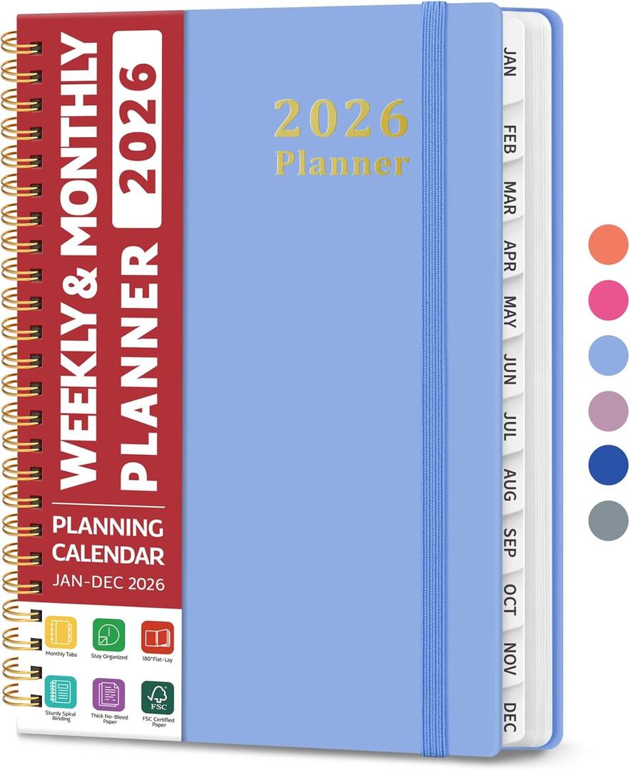 2026 Planner, Weekly and Monthly Calendar Planner, January 2026 - December 2026, Hardcover 2026 Calendar Book with Tabs For Women & Men, Inner Pocket, Spiral Bound, Perfect for Office Home School Supplies - A5 (6.3" x 8.5"), Lavender
