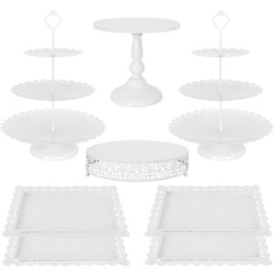 Fivenl 8 Pcs Cake Stand White Metal Dessert Table Display Set, 3-Tier Cupcake Stand, Cake Display Tower and Cookie Tray Rack Serving Tray for Birthday Party, Weddings, Baby Shower (White)