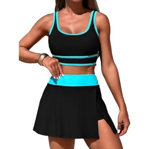 ZRTAK Women's High Waisted Bikini Sets Tummy Control Swim Skirt Two Piece Swim Suit Tummy Control Color Block Bathing Suit Size L