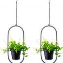 Modern Metal Hanging Planters with 5 Inch Pots - Set of 2 Oval Geometric Plant Hangers - Black Wall and Ceiling Mount Flower Holders for Indoor and Covered Outdoor Houseplants