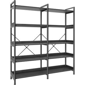 Huuger 5 Tier Bookshelf, Display Bookshelf with 10 Open Shelves and Raised Baffle, 47.2 Inch Straight Wide Bookcase with Metal Frame and Wooden Board, Adjustable Feet, Black