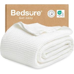 Bedsure Gentlesoft 100% Cotton Blanket Full Size for Bed - Cooling Breathable and Soft for Summer, Thick Cozy Waffle Weave Blanket Gifts for Women, White, 80x90 Inches