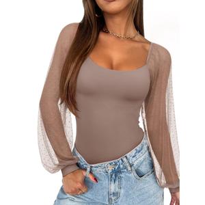 REORIA Women's 2025 Fall Sexy Mesh Flowy Long Sleeve Square Neck Tops Trendy Polka Dot Cute Dressy Slim Fit Going Out T-Shirts (Oxford Tan Small)