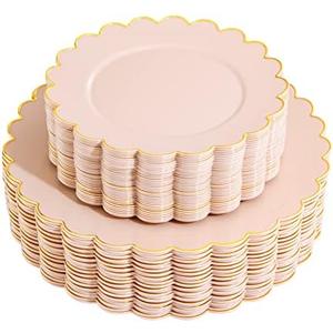 Pink Plastic Plates with Gold Disposable Plates Includes: Dinner 10.25" and Dessert Plate 7.5" Gold Plastic Baby Shower Plate Set of 37