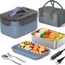 Electric Lunch Box Food Heater 100W, 4 in 1 Ultra Quick Heated Lunch Boxes for Adults 12V/24V/110V/220V Portable Food Warmer for Car/Truck/Office With Fork Spoon and Insulated Carry Bag (Moon Blue)