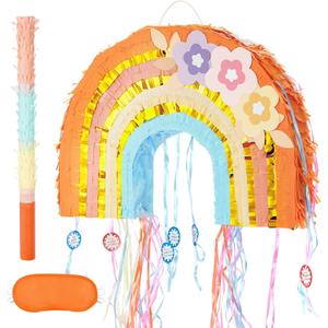 WERNNSAI Foldable Rainbow Pinata - Rainbow Pull String Pinata with Blindfold and Bat for Bundle Piata Boho Theme Birthday Baby Shower Party Decoration Carnival Party Games Supplies 16.4" x 12.3"
