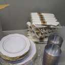 Liacere 350PCS Gold Plastic Plates-Disposable White and Gold Plates 50guest Baroque Plastic Dinnerware include 100Plates, 50Pack Pre Rolled Napkins with Silverware 50Cups for Wedding&Christmas