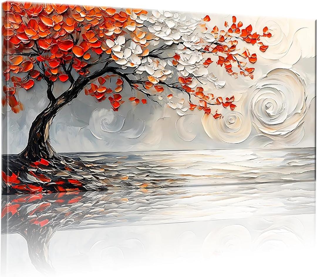 GYJAGHL Tree of Life Wall Art Nature Vivid Red and White tree of life Abstract Textured BigTree Panoramic Landscape Artwork Living room Bedroom Decor 20" x 40"