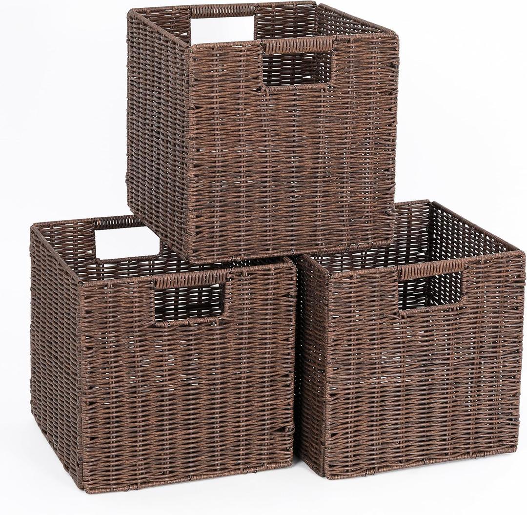 Brown Wicker Cube Storage Basket, 10.5x10.5 Foldable Woven Cube Storage Basket for Shelves, Set of 3 Square Bins for Shelf
