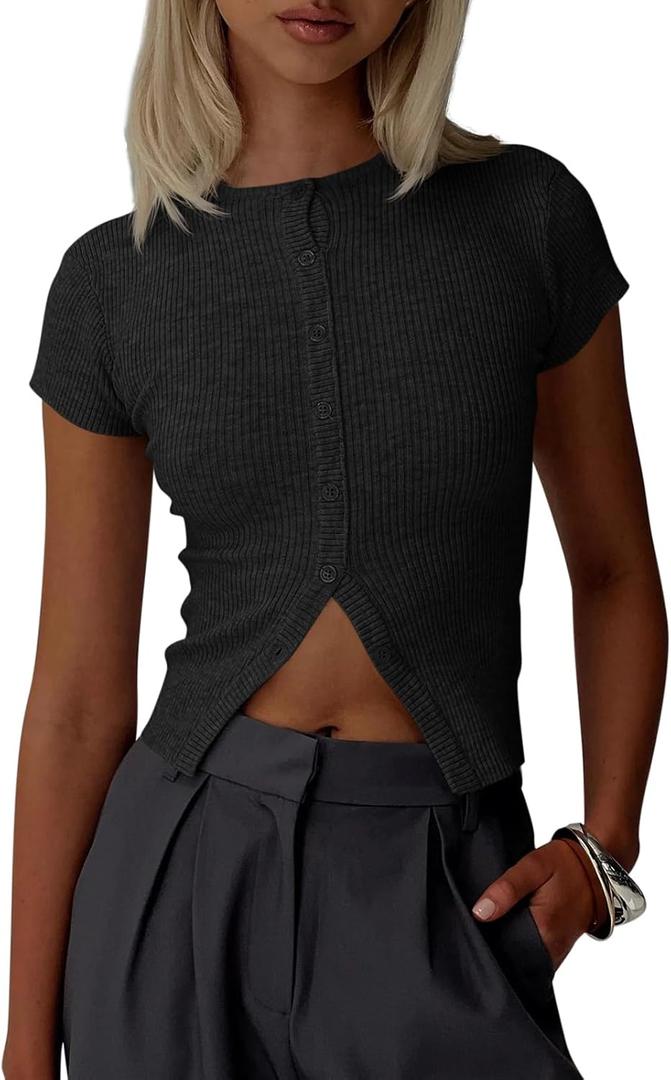 Imily Bela Womens Short Sleeve Sweater Tops Summer Button Down Casual Ribbed Knit Slim Fit Cropped Cardigan Shirts (Large, Black)