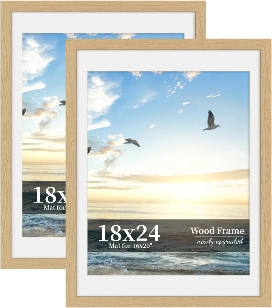 18x24 Picture Frame Set of 2, Wood Frame with Real Glass, Wide Border, 18X24 in