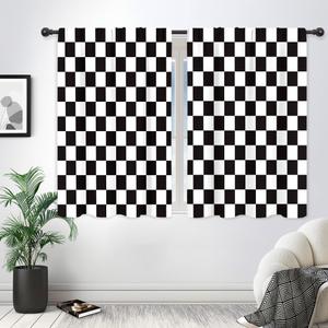 Riyidecor Black White Checkered Curtains Vintage Y2K Abstract 2000s 70s Hippie Groovy Aesthetic Classic Cute Retro Rod Pocket Modern Bedroom Living Room Treatment Fabric 2 Panels 42Wx45H Inch