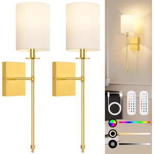 24.8 Inch Wall Sconces Battery Operated Set of 2, Rechargeable Wireless Wall Sconces Lights with Remote, Not Hardwired Dimmable Gold Wall Lamps with White Fabric Shade for Bedroom, 2 Bulbs Included