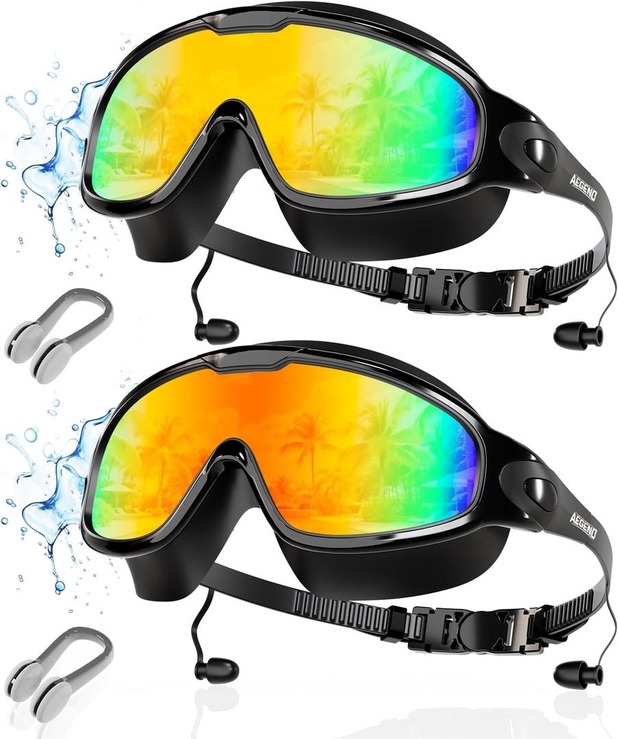 Aegend New Adult Wide View Swim Goggles, Anti-Fog/UV No Leak Swimming Goggles with Ear Plugs for Men & Women (Bright Orange & Aqua)