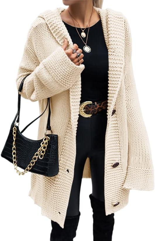 Taodou Women Hooded Knit Cardigans Button Cable Open Front Sweater Coat Beige L