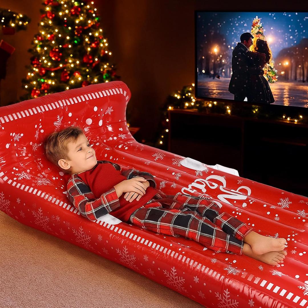 Chunful 71 x 39 Inch Christmas Red Inflatable Travel Bed Air Mattress Gift Large Size Snowflake Pattern Merry Christmas for Sleepovers for Xmas Movie Night