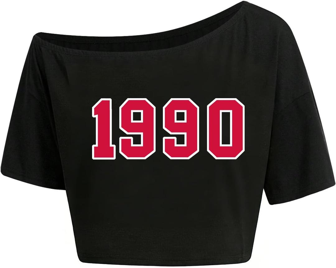 Hilinker Womens Graphic Off Shoulder Crop Tops Asymmetrical Short Sleeve T Shirt Loose Casual Tee Black 1990 (Black, XL)