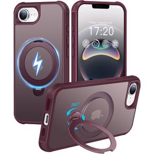 HuwaiH 360 Rotatable Magnetic Ring Stand for iPhone 16e Case, Compatible with MagSafe, Military-Grade Shockproof, Anti-Scratch Matte Translucent Phone Case for iPhone 16e(Burgundy)