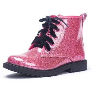 FITORY Girls/Boys Glitter Ankle Boots, Lace Up Waterproof Combat Shoes With Side Zipper for Toddler/Little Kid/Big Kid (Hot Pink), Size: 4 Big Kid