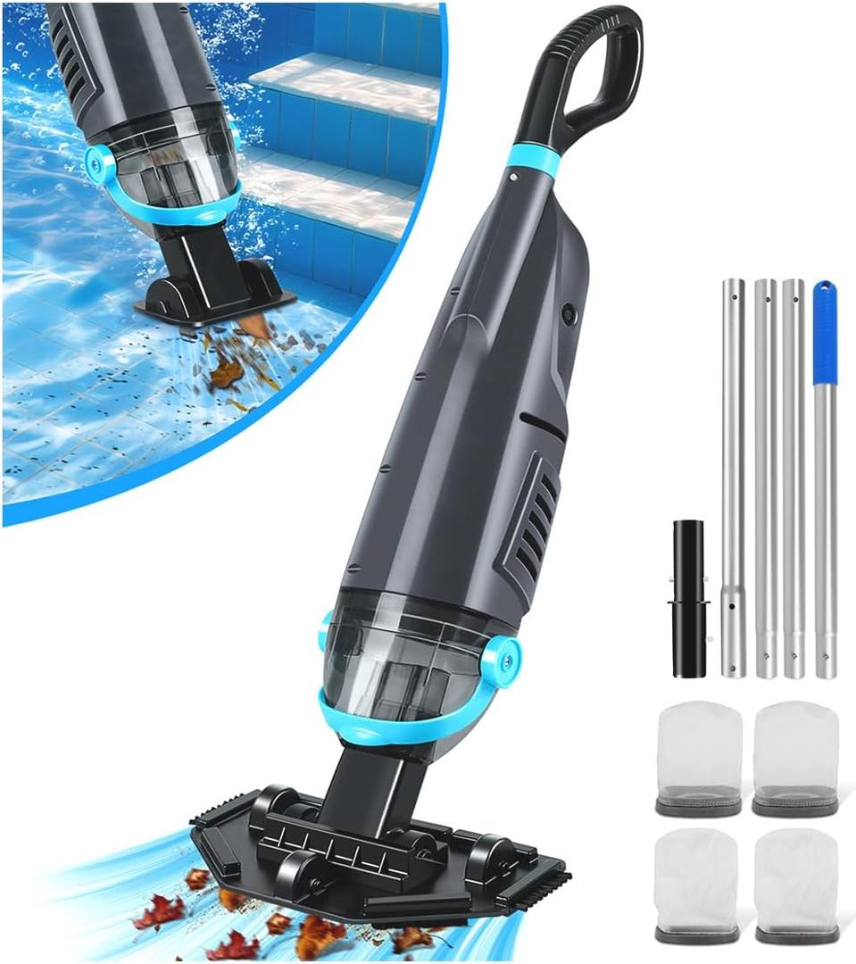 Cordless Handheld Pool Vacuum Cleaner with 4 Filter Bags, Suitable for Ultra-fine Impurity Filtration | Dual Brush Heads + Aluminum Poles | 20.5 GPM Suction -Powerful Spa Vacuum for Hot Tub (Blue)