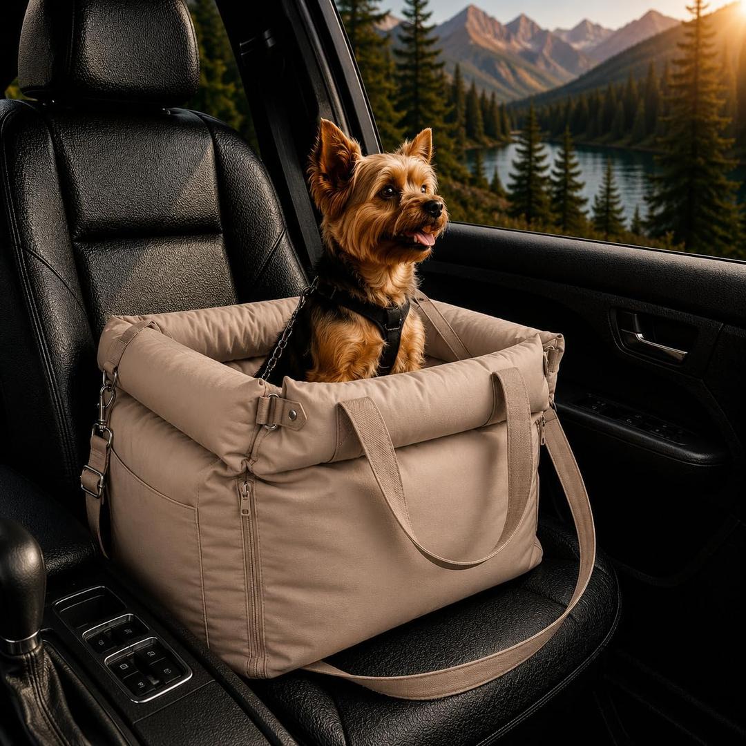 Dog Booster Car Seat for Small Dogs, Stable Non-Slip Design Up to 35 lbs, Water-Resistant PU Travel Carrier with Headrest Straps, Built-in Tether & Storage — Gray