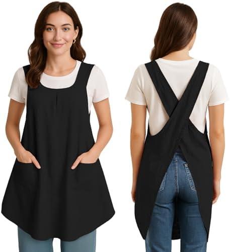 ROLOSI  Pack of 2 Apron for Women with Pocket Cotton Linen, Japanese Cross Back Apron for Gardening Painting