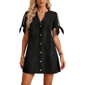 Denim Dress for Women 2026 Summer Casual Cowgirl Blue Jean Dress Tied Sleeves Button Down Shirt Dresses with Pockets