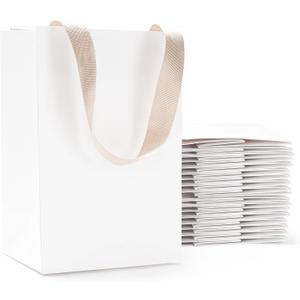 White Gift Bags with Handles, 20Pcs 5.25"x3.75"x8" White Paper Gift Bags with Ribbon Handles Bulk, Small Kraft Paper Bag for Party, Goodie