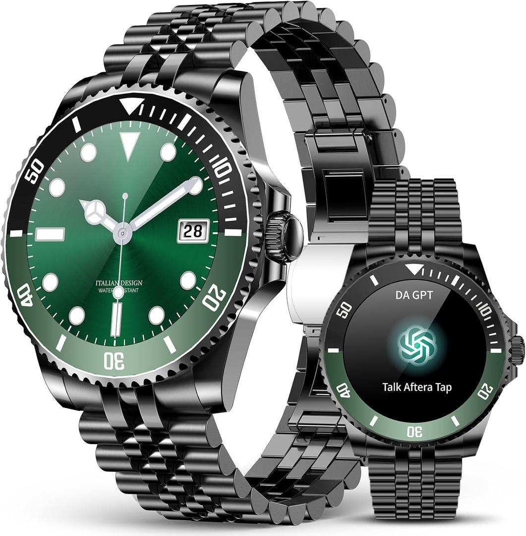 2025 DA GPT Smart Watch for Men with Bluetooth Call, Heart Rate, Blood Pressure, SpO2, Sleep Monitor, 107 Sports Modes, Waterproof Round Watch, 1.19-inch AMOLED Display, Compatible Android and iOS (Black Green)