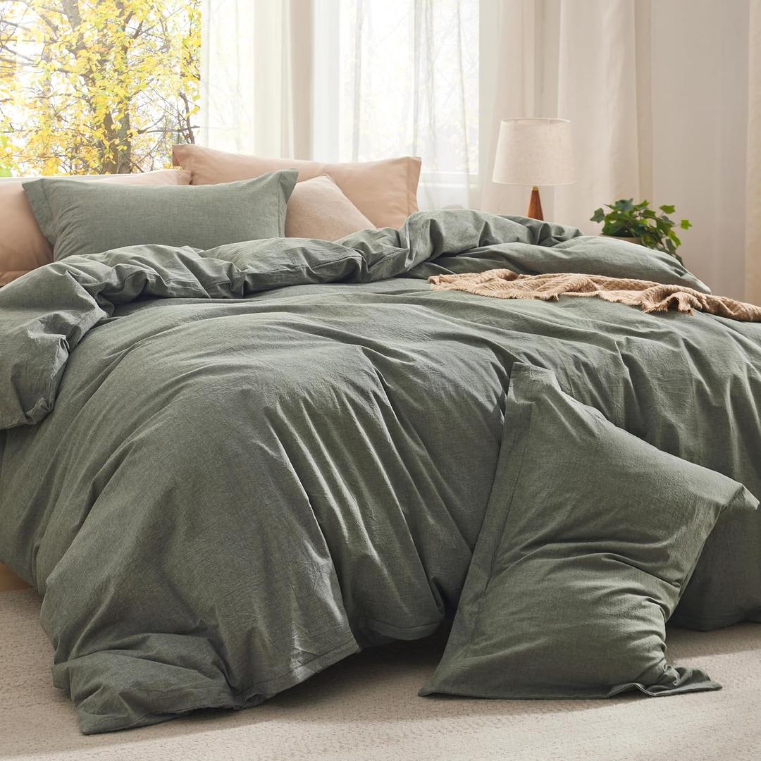 Bedsure Comforter Set Queen Size Grayish Olive Green - Cotton Fabric with Microfiber Inner Fill, PureWoven Comforter Set for All Seasons, 3 Pieces, 1 Comforter (90"x90") and 2 Pillow Cases (20"x26")