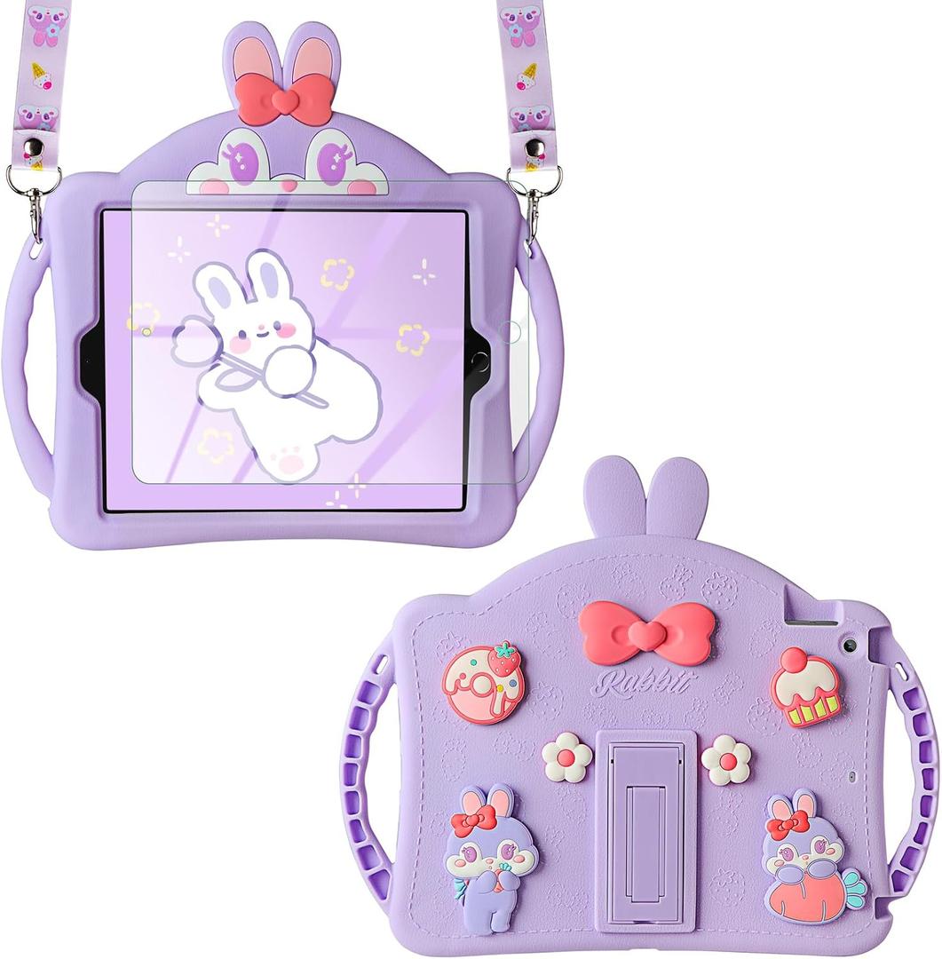 WESADN for iPad 9th Generation Case iPad 8th 7th Generation Cases 10.2 inch for Kids Girls with Screen Protector Shoulder Strap Kickstand Cute Rabbit Silicone Cover for iPad 10.2 Case Purple