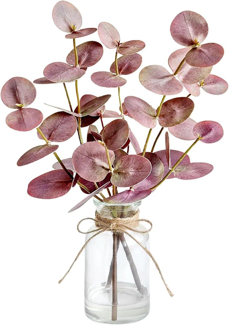 Muhanjia Artificial Eucalyptus Stems in Glass Vase with Faux Water,3Pcs Fake Plant with Double-Sided Purple Leaves for Centerpiece(Double-Sided Purple Eucalyptus)