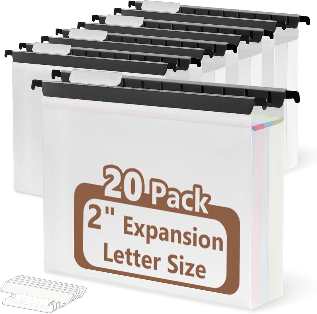 20 Pcs Extra Capacity Plastic Hanging File Folder Letter Size File Folder Reinforced Tabs with Heavy Duty 2 Inch Expansion and Black Insert Gasket for Filing Cabinet Durable Hang Folders (2 INCH, 20)