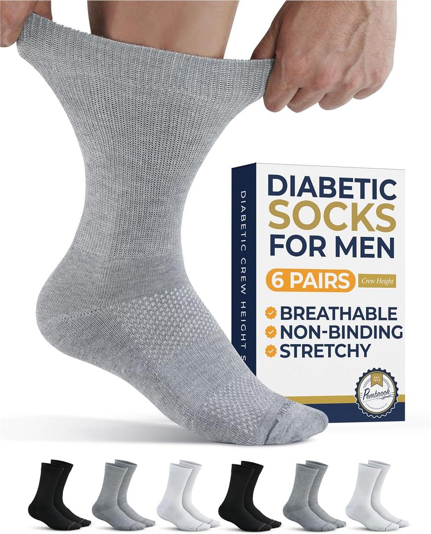 Pembrook Diabetic Socks for Men - 6 Pairs Crew Diabetic Neuropathy Socks for Men | Non Binding (Medium, 2 Black / 2 White / 2 Gray - 6 Pairs)