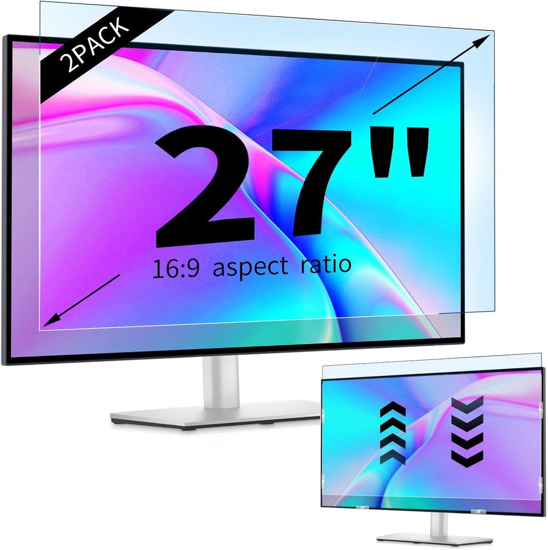 IPROKKO 2 Pack 27 inch Anti-Blue Light Monitor Screen Protector for 16:9 Widescreen, Removable Anti Glare Blue Light Blocking Screen Filter, Anti-UV Eye Protection PC Computer Film [Washable Wipes Clean]
