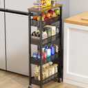 Giwil Slim Storage Cart 5 Tier Narrow Kitchen Rolling Cart on Wheels for Small Space, Metal Utility Cart Narrow Bathroom Storage Cabinet Mobile Shelf Unit Organizer with Wood Top and Handle, Black