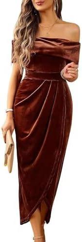 Off The Shoulder Vintage Velvet Bodycon Midi Dress for Women Wrap Slit Elegant Cocktail Party Evening Pencil Dress, XL
