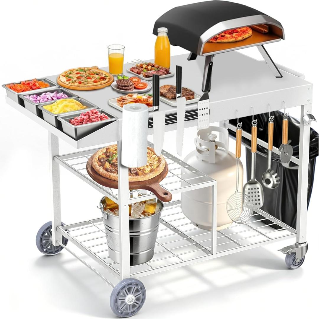 COZEER Pizza Oven Table for Ooni Pizza Ovens, Outdoor Grill Table for Blackstone Griddle, Pizzas Stands with Wheels, Pizzas Oven Accessories for Party Fits Blackstone Ninja Cuisinart Gozney