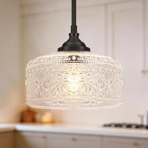 Black Vintage Pendant Lights Kitchen Island, Adjustable Height Kitchen Island Lighting, Bathroom Pendant Light with Clear Glass Shade- Dual Mount Ceiling & Hanging Fixtures with 90 Swivel for Decor
