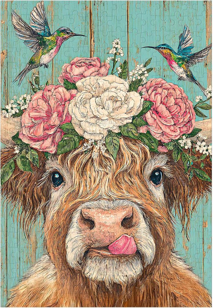 Great Jigsaw Puzzles for Adults 300 Pieces Rustic Highland Cow with Hummingbirds and Blossoms Puzzles for Adults Toys Gift Family Decoration Kids Puzzle, 15x10