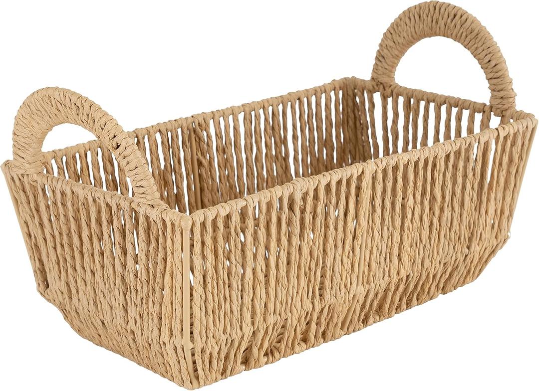 Simplify Small Shelf Storage Basket | Dimensions: 11.4"x 6.5"x4.5" | 2 Carry Handles | Vertical Weave Design | Paper Rope Material | Great for Living Spaces | Great For Storage and Display