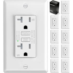 10 Pack GFCI Outlet 20 Amp, Outdoor Weather Resistant (WR), Ultra Slim GFI Receptacles with LED Indicator, Ground Fault Circuit Interrupter, Wallplate Included, ETL Listed, White
